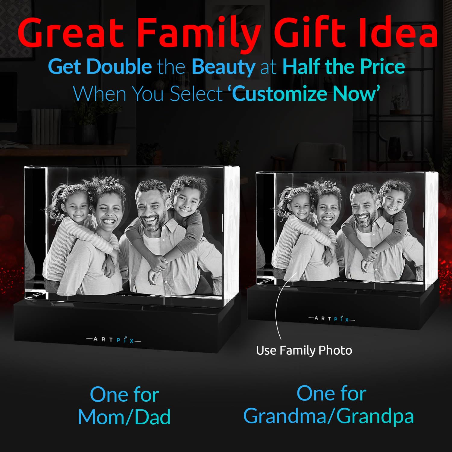 ArtPix 3D Crystal Photo, Personalized Mothers Day Gifts for Mom, Women, Wife, Her, Him, Men, Husband, Grandma, Great Customized Gift With Your Own Photo, Custom Glass 3D Laser Etched Picture Frame