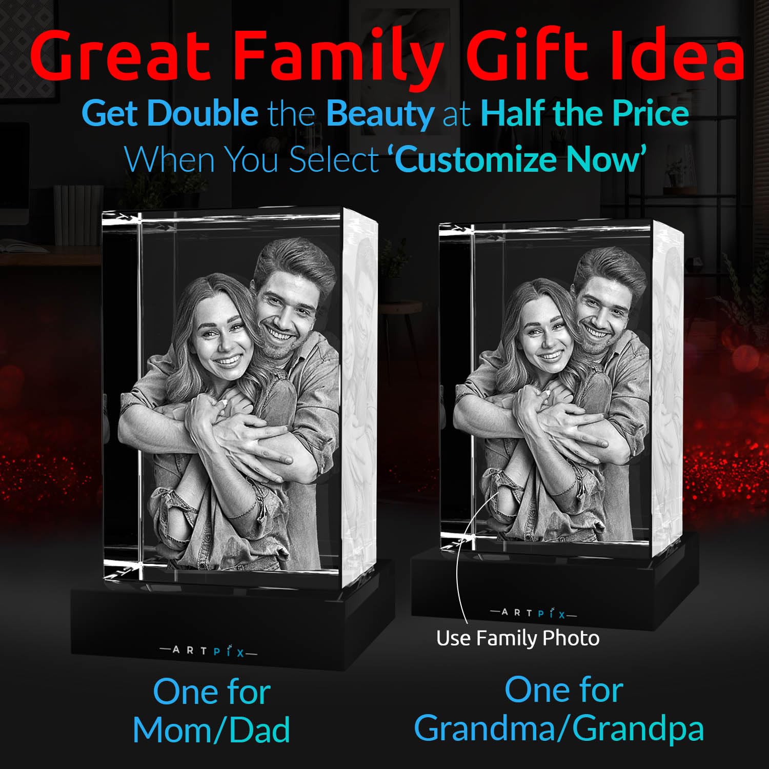 ArtPix 3D Crystal Photo, Personalized Mothers Day Gifts for Mom, Women, Wife, Her, Him, Men, Husband, Grandma, Great Customized Gift With Your Own Photo, Custom Glass 3D Laser Etched Picture Frame